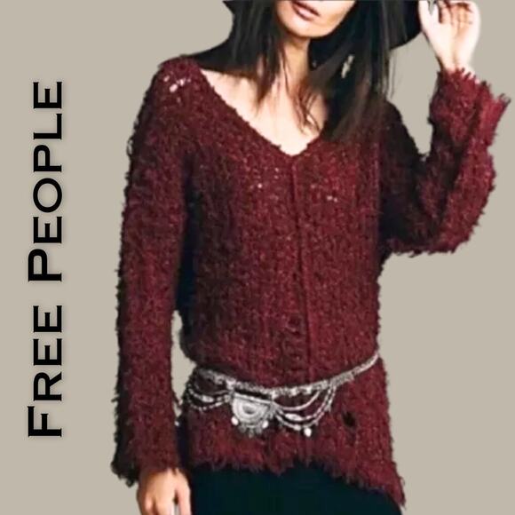 Free People Up The Ladder Maroon Distressed Oversize Sweater Medium 
Streetwear - Picture 1 of 12